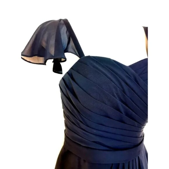 NAVY Blue Chiffon A-line Cap Sleeves Knee Length evening Dress - Picture 2 of 9